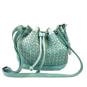Genuine Sage Green Woven Leather Drawstring Bucket Crossbody